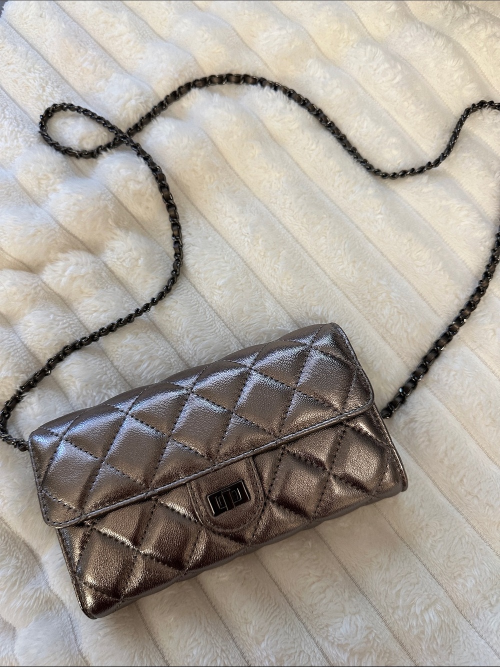 Quilted Metallic Crossbody Bag in Pewter